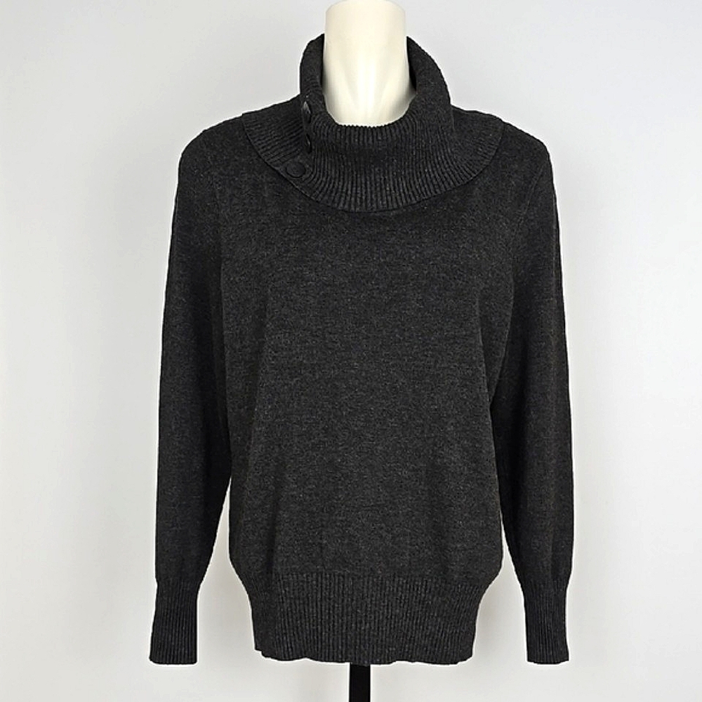 Cleo Women's Dark Gray Knit Cowl Turtleneck Pullover Sweater Ribbed Cuffs Sz XL